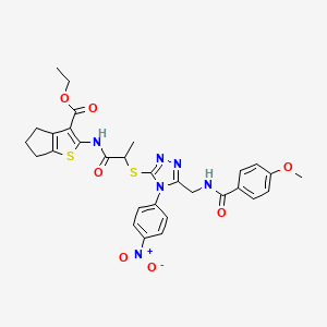 ethyl 2-[2-[[5-[[(4-methoxybenzoyl)amino]methyl]-4-(4-nitrophenyl)-1,2,4-triazol-3-yl]sulfanyl]propanoylamino]-5,6-dihydro-4H-cyclopenta[b]thiophene-3-carboxylate