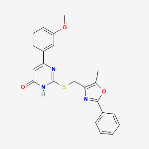 molecular formula C22H19N3O3S B2883965 6-(3-Methoxyphenyl)-2-(((5-methyl-2-phenyloxazol-4-yl)methyl)thio)pyrimidin-4-ol CAS No. 1040634-60-3