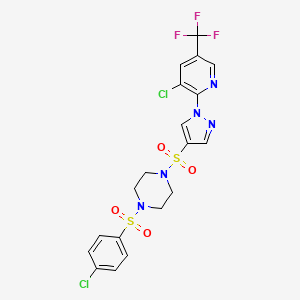 molecular formula C19H16Cl2F3N5O4S2 B2884073 1-({1-[3-chloro-5-(trifluoromethyl)pyridin-2-yl]-1H-pyrazol-4-yl}sulfonyl)-4-(4-chlorobenzenesulfonyl)piperazine CAS No. 2058815-06-6