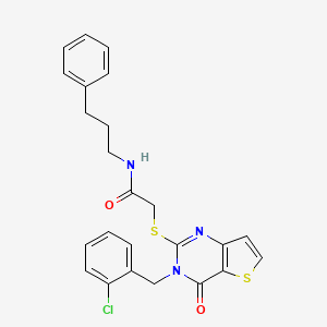 molecular formula C24H22ClN3O2S2 B2884104 2-{[3-(2-chlorobenzyl)-4-oxo-3,4-dihydrothieno[3,2-d]pyrimidin-2-yl]sulfanyl}-N-(3-phenylpropyl)acetamide CAS No. 894243-58-4