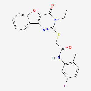 molecular formula C21H18FN3O3S B2884116 2-[(3-ethyl-4-oxo-3,4-dihydro[1]benzofuro[3,2-d]pyrimidin-2-yl)sulfanyl]-N-(5-fluoro-2-methylphenyl)acetamide CAS No. 900004-57-1