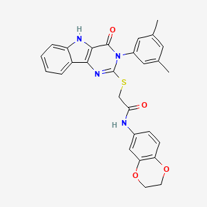 molecular formula C28H24N4O4S B2884247 N-(2,3-dihydrobenzo[b][1,4]dioxin-6-yl)-2-((3-(3,5-dimethylphenyl)-4-oxo-4,5-dihydro-3H-pyrimido[5,4-b]indol-2-yl)thio)acetamide CAS No. 536705-59-6