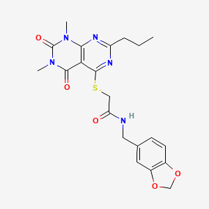 molecular formula C21H23N5O5S B2884279 N-(benzo[d][1,3]dioxol-5-ylmethyl)-2-((6,8-dimethyl-5,7-dioxo-2-propyl-5,6,7,8-tetrahydropyrimido[4,5-d]pyrimidin-4-yl)thio)acetamide CAS No. 863002-46-4