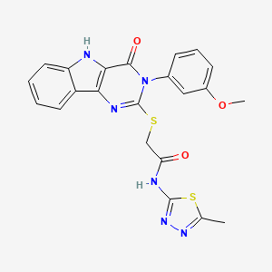 molecular formula C22H18N6O3S2 B2884374 2-[[3-(3-甲氧基苯基)-4-氧代-5H-嘧啶并[5,4-b]吲哚-2-基]硫代]-N-(5-甲基-1,3,4-噻二唑-2-基)乙酰胺 CAS No. 536706-35-1