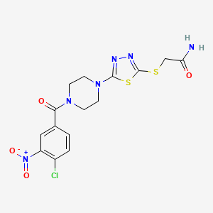 molecular formula C15H15ClN6O4S2 B2884511 2-((5-(4-(4-Chloro-3-nitrobenzoyl)piperazin-1-yl)-1,3,4-thiadiazol-2-yl)thio)acetamide CAS No. 1105198-05-7