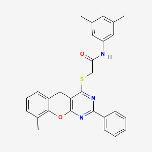 molecular formula C28H25N3O2S B2884527 N-(3,5-Dimethylphenyl)-2-({9-methyl-2-phenyl-5H-chromeno[2,3-D]pyrimidin-4-YL}sulfanyl)acetamide CAS No. 866871-26-3