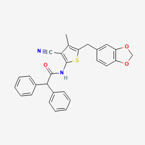 molecular formula C28H22N2O3S B2884535 N-(5-(benzo[d][1,3]dioxol-5-ylmethyl)-3-cyano-4-methylthiophen-2-yl)-2,2-diphenylacetamide CAS No. 476367-91-6