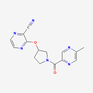 molecular formula C15H14N6O2 B2884539 3-((1-(5-甲基吡嗪-2-羰基)吡咯烷-3-基)氧基)吡嗪-2-甲腈 CAS No. 2034282-90-9
