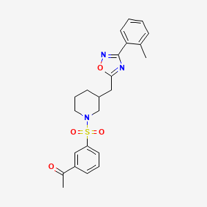 molecular formula C23H25N3O4S B2884638 1-(3-((3-((3-(o-Tolyl)-1,2,4-oxadiazol-5-yl)methyl)piperidin-1-yl)sulfonyl)phenyl)ethanone CAS No. 1704648-75-8