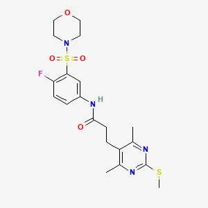 molecular formula C20H25FN4O4S2 B2884645 3-(4,6-dimethyl-2-methylsulfanylpyrimidin-5-yl)-N-(4-fluoro-3-morpholin-4-ylsulfonylphenyl)propanamide CAS No. 930472-54-1