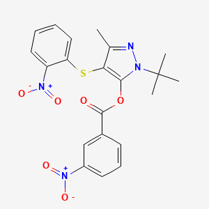 molecular formula C21H20N4O6S B2884652 1-(tert-butyl)-3-methyl-4-((2-nitrophenyl)thio)-1H-pyrazol-5-yl 3-nitrobenzoate CAS No. 851127-68-9