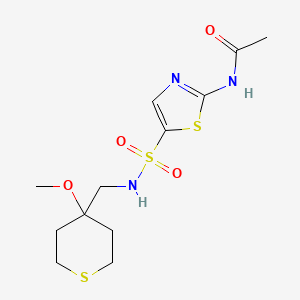 molecular formula C12H19N3O4S3 B2884743 N-(5-(N-((4-甲氧基四氢-2H-噻吩-4-基)甲基)磺酰胺)噻唑-2-基)乙酰胺 CAS No. 2034486-87-6