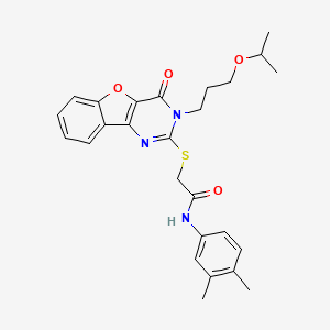 molecular formula C26H29N3O4S B2884763 N-(3,4-二甲基苯基)-2-({4-氧代-3-[3-(丙-2-氧基)丙基]-3,4-二氢[1]苯并呋喃[3,2-d]嘧啶-2-基}硫代)乙酰胺 CAS No. 899741-93-6