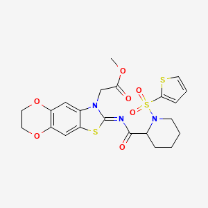 molecular formula C22H23N3O7S3 B2884913 (E)-2-(2-((1-(噻吩-2-磺酰基)哌啶-2-羰基)亚氨基)-6,7-二氢-[1,4]二氧杂环[2',3':4,5]苯并[1,2-d]噻唑-3(2H)-基)乙酸甲酯 CAS No. 1097615-34-3