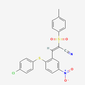 molecular formula C22H15ClN2O4S2 B2884936 3-(2-(4-Chlorophenylthio)-5-nitrophenyl)-2-((4-methylphenyl)sulfonyl)prop-2-enenitrile CAS No. 1025312-29-1