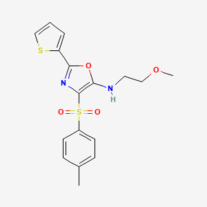 molecular formula C17H18N2O4S2 B2884951 N-(2-methoxyethyl)-4-(4-methylphenyl)sulfonyl-2-thiophen-2-yl-1,3-oxazol-5-amine CAS No. 627833-72-1