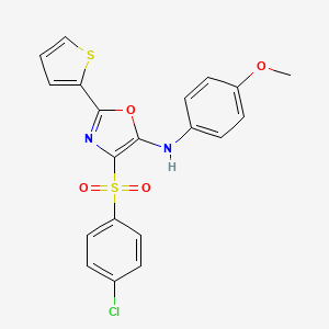 molecular formula C20H15ClN2O4S2 B2885020 4-(4-氯苯基)磺酰基-N-(4-甲氧基苯基)-2-噻吩-2-基-1,3-恶唑-5-胺 CAS No. 627835-04-5