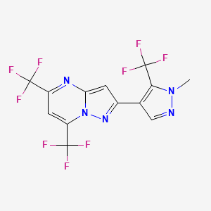 molecular formula C13H6F9N5 B2885077 2-[1-methyl-5-(trifluoromethyl)-1H-pyrazol-4-yl]-5,7-bis(trifluoromethyl)pyrazolo[1,5-a]pyrimidine CAS No. 957002-81-2