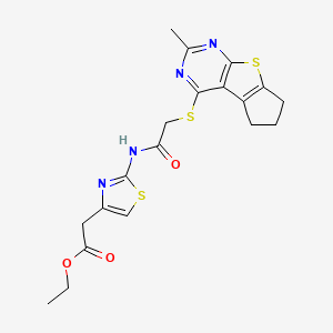 molecular formula C19H20N4O3S3 B2885124 2-(2-(2-((2-甲基-6,7-二氢-5H-环戊[4,5]噻吩并[2,3-d]嘧啶-4-基)硫代)乙酰氨基)噻唑-4-基)乙酸乙酯 CAS No. 670268-32-3
