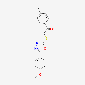 molecular formula C18H16N2O3S B2885136 2-{[5-(4-甲氧基苯基)-1,3,4-恶二唑-2-基]硫代}-1-(4-甲基苯基)-1-乙酮 CAS No. 459845-46-6
