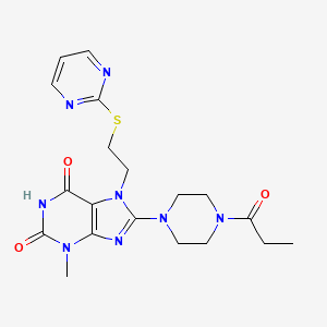 molecular formula C19H24N8O3S B2885148 3-methyl-8-(4-propanoylpiperazin-1-yl)-7-[2-(pyrimidin-2-ylsulfanyl)ethyl]-2,3,6,7-tetrahydro-1H-purine-2,6-dione CAS No. 1374683-55-2