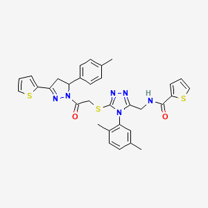molecular formula C32H30N6O2S3 B2885162 N-[[4-(2,5-二甲苯基)-5-[2-[3-(4-甲苯基)-5-噻吩-2-基-3,4-二氢吡唑-2-基]-2-氧代乙基]硫代-1,2,4-三唑-3-基]甲基]噻吩-2-甲酰胺 CAS No. 362508-50-7