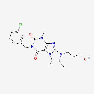 molecular formula C20H22ClN5O3 B2885206 2-[(3-Chlorophenyl)methyl]-6-(3-hydroxypropyl)-4,7,8-trimethylpurino[7,8-a]imidazole-1,3-dione CAS No. 919041-73-9