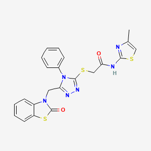 molecular formula C22H18N6O2S3 B2885346 N-(4-methylthiazol-2-yl)-2-((5-((2-oxobenzo[d]thiazol-3(2H)-yl)methyl)-4-phenyl-4H-1,2,4-triazol-3-yl)thio)acetamide CAS No. 847402-13-5
