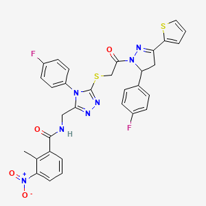 molecular formula C32H25F2N7O4S2 B2885349 N-((4-(4-氟苯基)-5-((2-(5-(4-氟苯基)-3-(噻吩-2-基)-4,5-二氢-1H-吡唑-1-基)-2-氧代乙基)硫)-4H-1,2,4-三唑-3-基)甲基)-2-甲基-3-硝基苯甲酰胺 CAS No. 362504-96-9