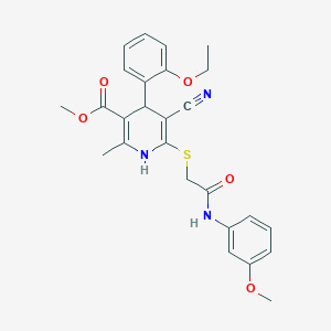 molecular formula C26H27N3O5S B2885424 Methyl 5-cyano-4-(2-ethoxyphenyl)-6-({[(3-methoxyphenyl)carbamoyl]methyl}sulfanyl)-2-methyl-1,4-dihydropyridine-3-carboxylate CAS No. 442557-90-6