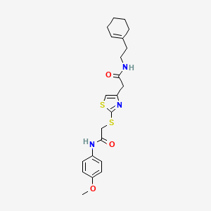 molecular formula C22H27N3O3S2 B2885472 N-(2-(环己-1-烯-1-基)乙基)-2-(2-((2-((4-甲氧基苯基)氨基)-2-氧代乙基)硫代)噻唑-4-基)乙酰胺 CAS No. 941892-65-5