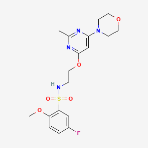 molecular formula C18H23FN4O5S B2885475 5-fluoro-2-methoxy-N-(2-((2-methyl-6-morpholinopyrimidin-4-yl)oxy)ethyl)benzenesulfonamide CAS No. 1251561-77-9