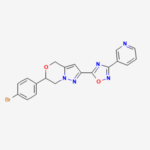 molecular formula C19H14BrN5O2 B2885477 3-{5-[6-(4-bromophenyl)-4H,6H,7H-pyrazolo[3,2-c][1,4]oxazin-2-yl]-1,2,4-oxadiazol-3-yl}pyridine CAS No. 2415488-04-7