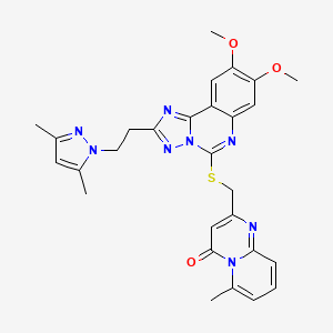 molecular formula C28H28N8O3S B2885501 2-[({2-[2-(3,5-dimethyl-1H-pyrazol-1-yl)ethyl]-8,9-dimethoxy[1,2,4]triazolo[1,5-c]quinazolin-5-yl}thio)methyl]-6-methyl-4H-pyrido[1,2-a]pyrimidin-4-one CAS No. 1020048-16-1