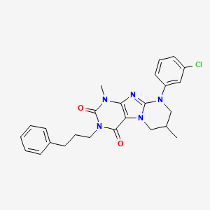 molecular formula C25H26ClN5O2 B2885508 9-(3-chlorophenyl)-1,7-dimethyl-3-(3-phenylpropyl)-6,7,8,9-tetrahydropyrimido[2,1-f]purine-2,4(1H,3H)-dione CAS No. 877617-74-8