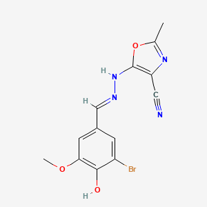 molecular formula C13H11BrN4O3 B2885540 (E)-5-(2-(3-bromo-4-hydroxy-5-methoxybenzylidene)hydrazinyl)-2-methyloxazole-4-carbonitrile CAS No. 618083-43-5