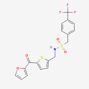 molecular formula C18H14F3NO4S2 B2885543 N-((5-(furan-2-carbonyl)thiophen-2-yl)methyl)-1-(4-(trifluoromethyl)phenyl)methanesulfonamide CAS No. 1797613-56-9