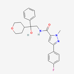 molecular formula C24H26FN3O3 B2885554 3-(4-fluorophenyl)-N-(2-hydroxy-2-phenyl-2-(tetrahydro-2H-pyran-4-yl)ethyl)-1-methyl-1H-pyrazole-5-carboxamide CAS No. 2034258-43-8