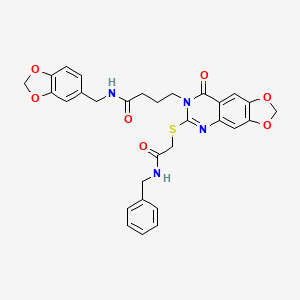 molecular formula C30H28N4O7S B2885565 N-(1,3-苯并二氧杂环-5-基甲基)-4-[6-{[2-(苄氨基)-2-氧代乙基]硫代}-8-氧代[1,3]二氧杂环[4,5-g]喹唑啉-7(8H)-基]丁酰胺 CAS No. 896681-78-0