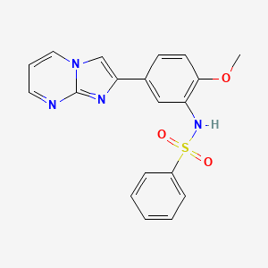 molecular formula C19H16N4O3S B2885639 N-(5-(imidazo[1,2-a]pyrimidin-2-yl)-2-methoxyphenyl)benzenesulfonamide CAS No. 862812-09-7