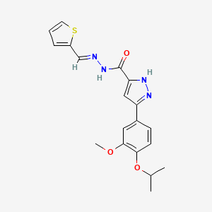 molecular formula C19H20N4O3S B2885674 3-[3-甲氧基-4-(丙-2-氧基)苯基]-N'-[(E)-噻吩-2-基亚甲基]-1H-吡唑-5-甲酰肼 CAS No. 1285537-66-7