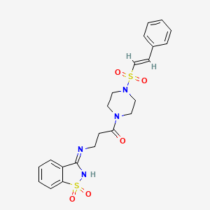 molecular formula C22H24N4O5S2 B2885816 3-[(1,1-Dioxo-1,2-benzothiazol-3-ylidene)amino]-1-[4-[(E)-2-phenylethenyl]sulfonylpiperazin-1-yl]propan-1-one CAS No. 924876-69-7