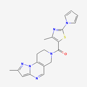 molecular formula C19H18N6OS B2885824 (4-methyl-2-(1H-pyrrol-1-yl)thiazol-5-yl)(2-methyl-8,9-dihydropyrazolo[1,5-a]pyrido[3,4-e]pyrimidin-7(6H)-yl)methanone CAS No. 1798040-56-8