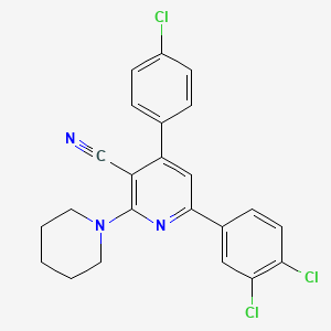 molecular formula C23H18Cl3N3 B2885854 4-(4-Chlorophenyl)-6-(3,4-dichlorophenyl)-2-piperidinonicotinonitrile CAS No. 303984-66-9