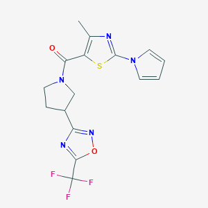 molecular formula C16H14F3N5O2S B2885978 (4-methyl-2-(1H-pyrrol-1-yl)thiazol-5-yl)(3-(5-(trifluoromethyl)-1,2,4-oxadiazol-3-yl)pyrrolidin-1-yl)methanone CAS No. 2034284-44-9