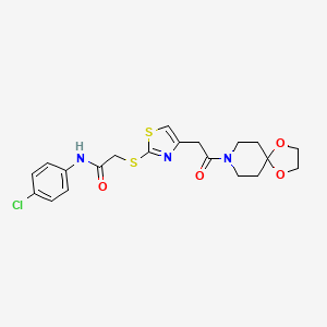 molecular formula C20H22ClN3O4S2 B2886028 N-(4-chlorophenyl)-2-((4-(2-oxo-2-(1,4-dioxa-8-azaspiro[4.5]decan-8-yl)ethyl)thiazol-2-yl)thio)acetamide CAS No. 954017-54-0