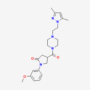 molecular formula C23H31N5O3 B2886055 4-(4-(2-(3,5-dimethyl-1H-pyrazol-1-yl)ethyl)piperazine-1-carbonyl)-1-(3-methoxyphenyl)pyrrolidin-2-one CAS No. 1286710-14-2