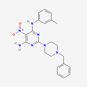 molecular formula C22H25N7O2 B2886082 2-(4-benzylpiperazin-1-yl)-N-(3-methylphenyl)-5-nitropyrimidine-4,6-diamine CAS No. 587003-32-5