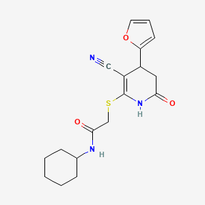 molecular formula C18H21N3O3S B2886166 2-{[3-cyano-4-(furan-2-yl)-6-hydroxy-4,5-dihydropyridin-2-yl]sulfanyl}-N-cyclohexylacetamide CAS No. 693231-08-2