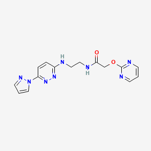 molecular formula C15H16N8O2 B2886286 N-(2-((6-(1H-pyrazol-1-yl)pyridazin-3-yl)amino)ethyl)-2-(pyrimidin-2-yloxy)acetamide CAS No. 1251578-36-5